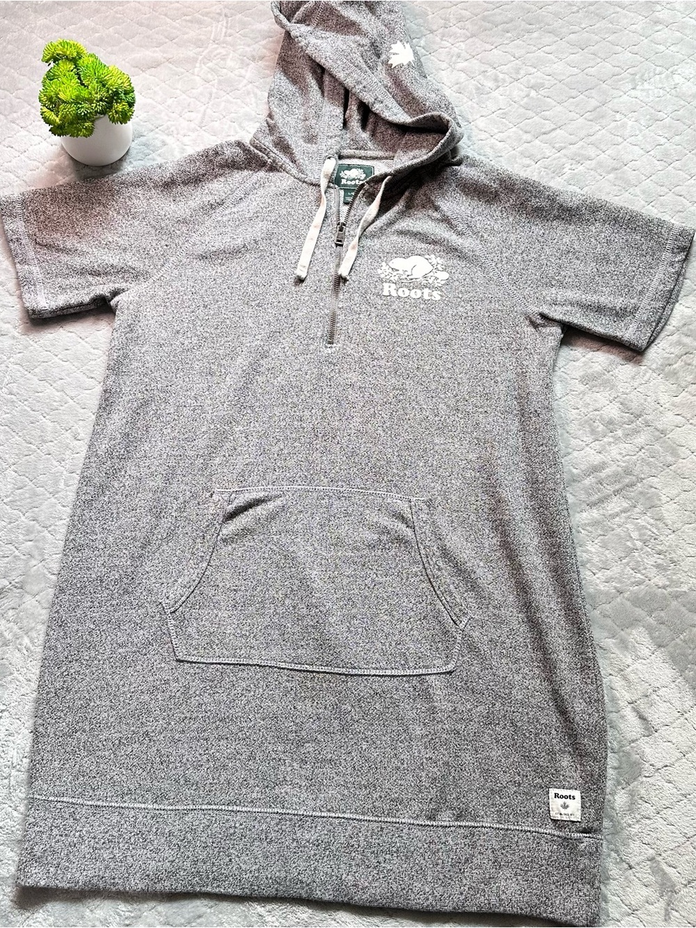 🍁 Roots Salt & Pepper Short Sleeve Hoodie Dress Tunic L